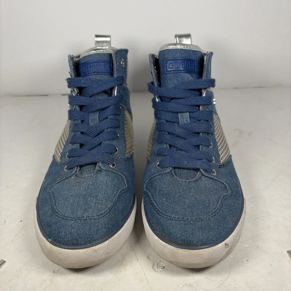 Size 9 M GUESS Krysta High Top Blue Denim‎ Silver Metallic Sneakers Y2K